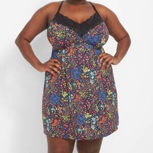 Cacique Lane Bryant Black Floral Criss-Cross Lace Back Chemise Nighty sz 22/24